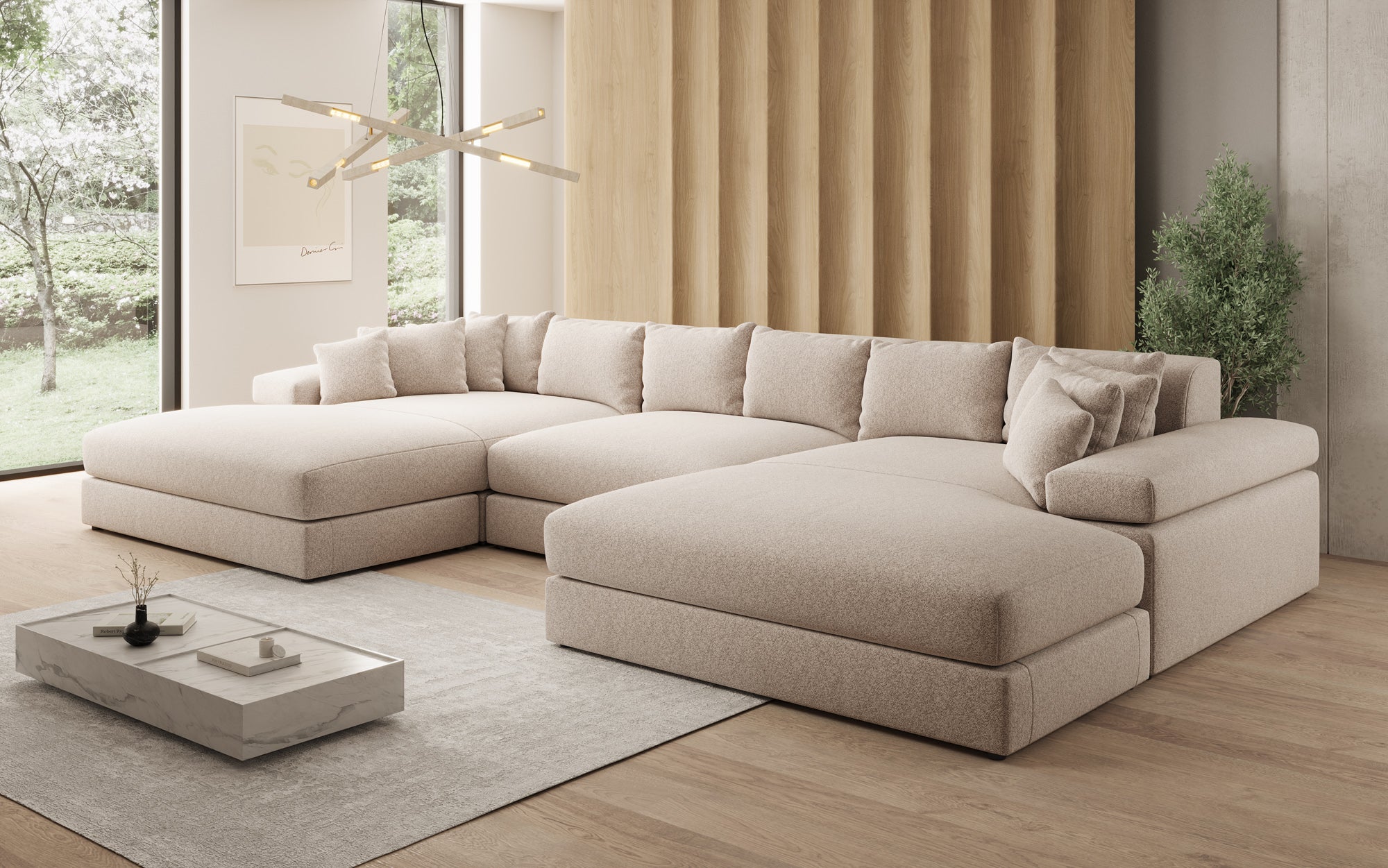 Designsofa Bernardo U met brede ottomane in structuurstof