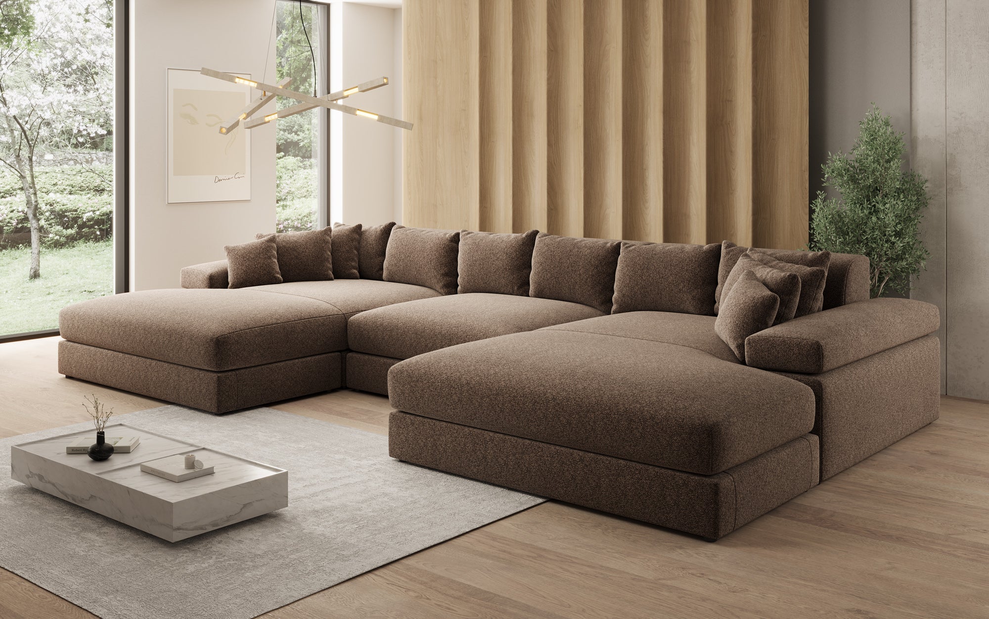 Designsofa Bernardo U met brede ottomane in structuurstof