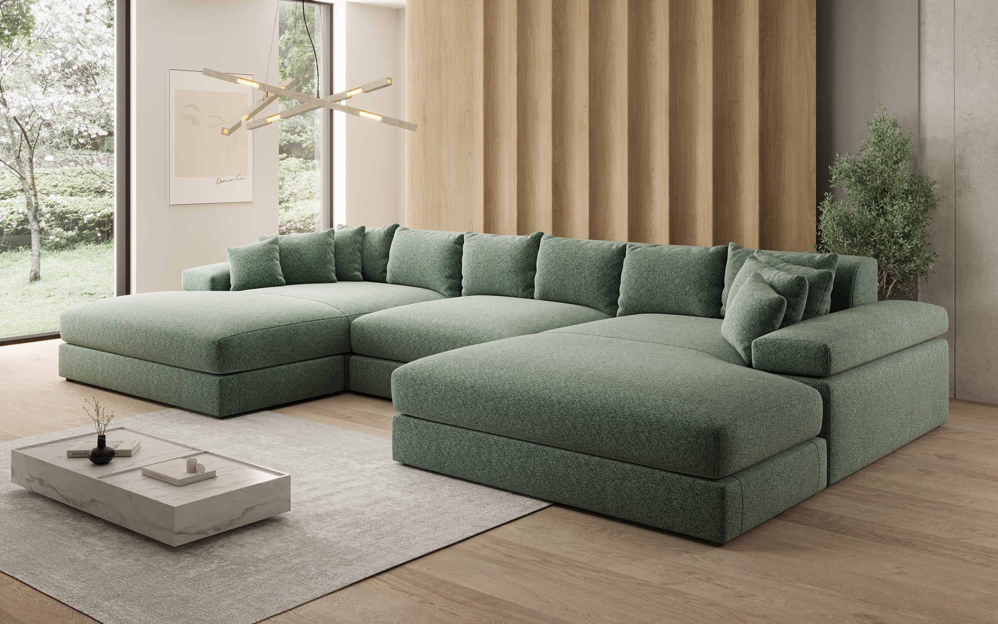 Designsofa Bernardo U met brede ottomane in structuurstof