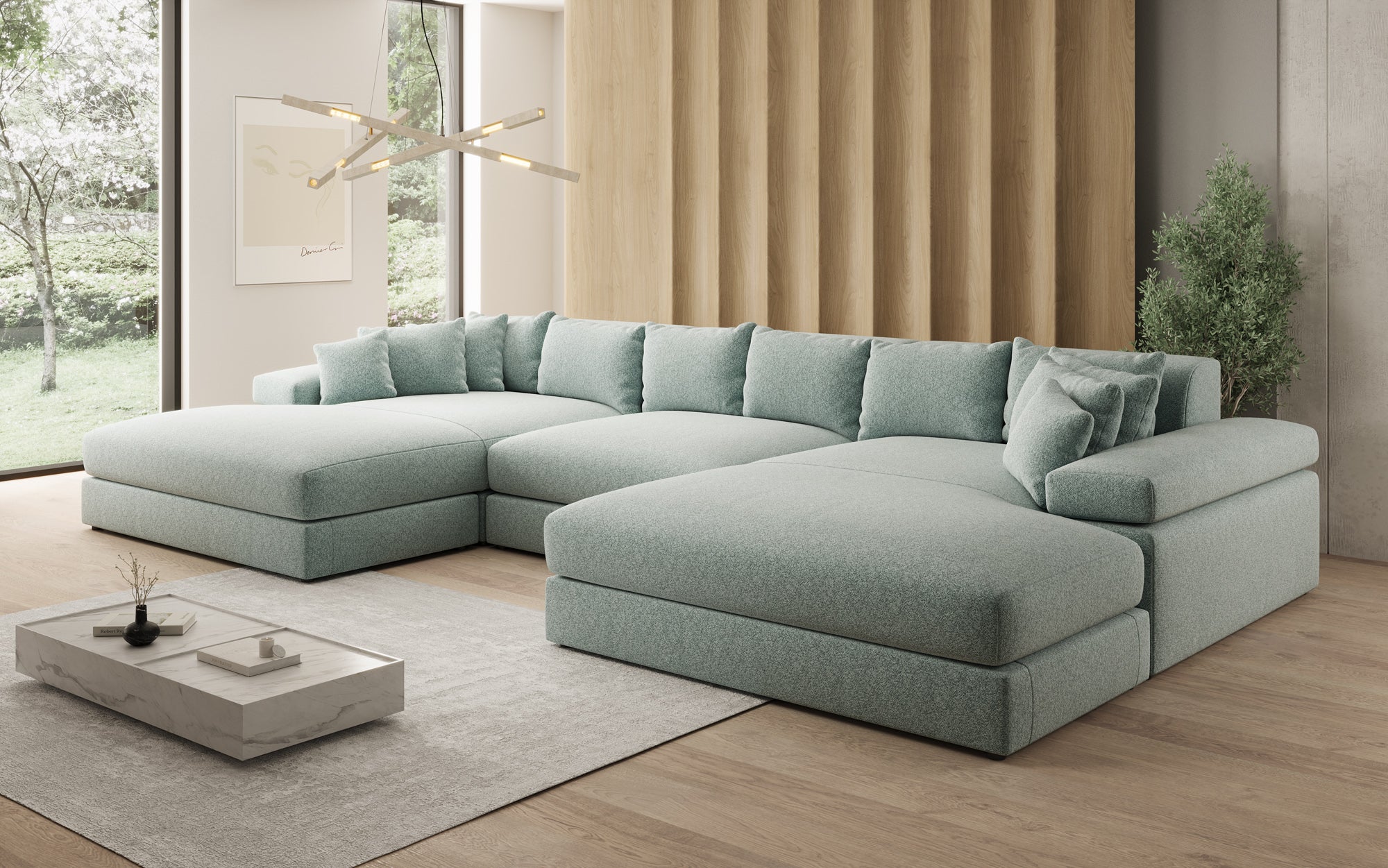 Designsofa Bernardo U met brede ottomane in structuurstof