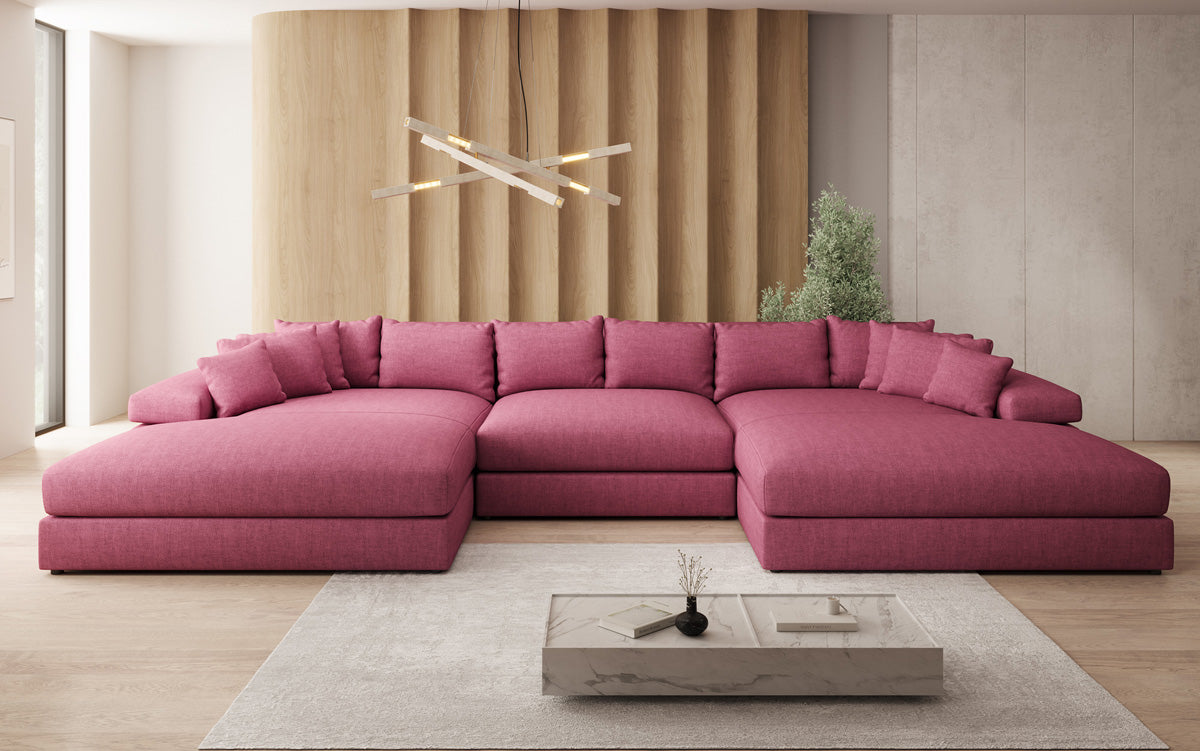 Designerbank Bernardo U met brede ottomaan in linnenlook