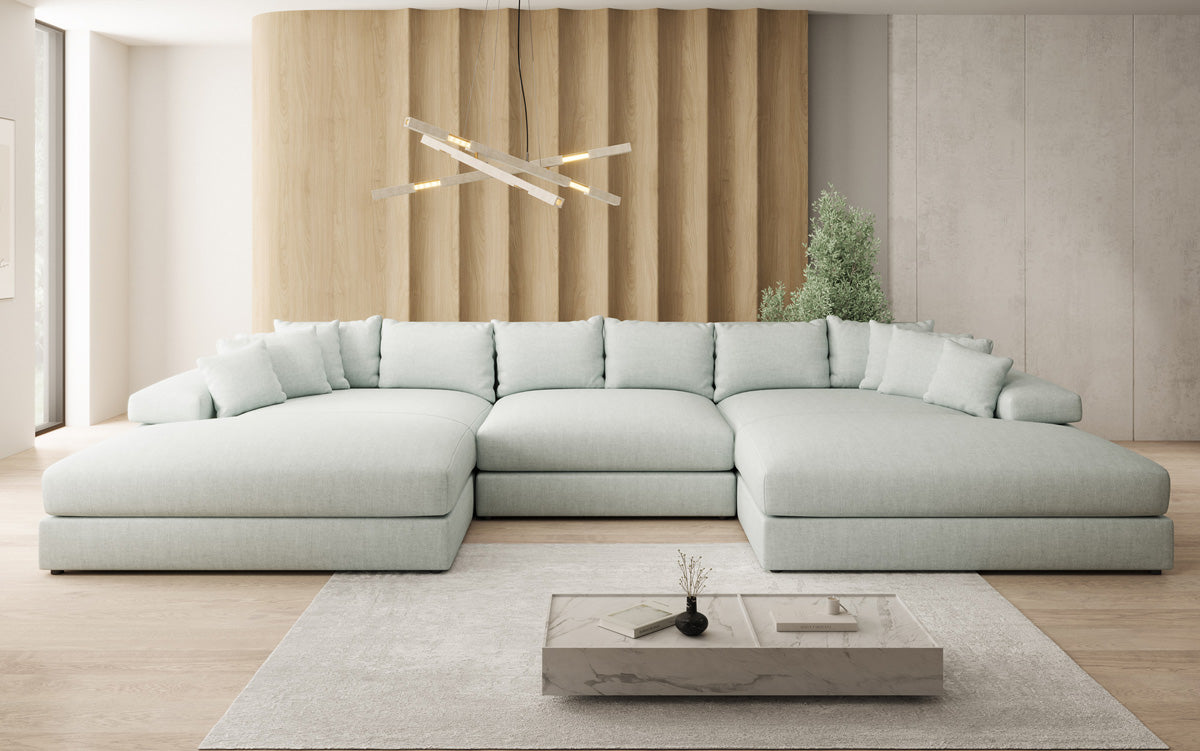 Designerbank Bernardo U met brede ottomaan in linnenlook