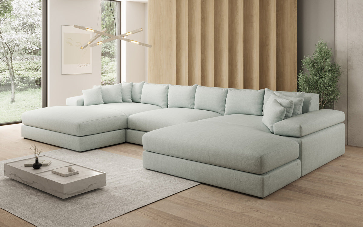 Designerbank Bernardo U met brede ottomaan in linnenlook