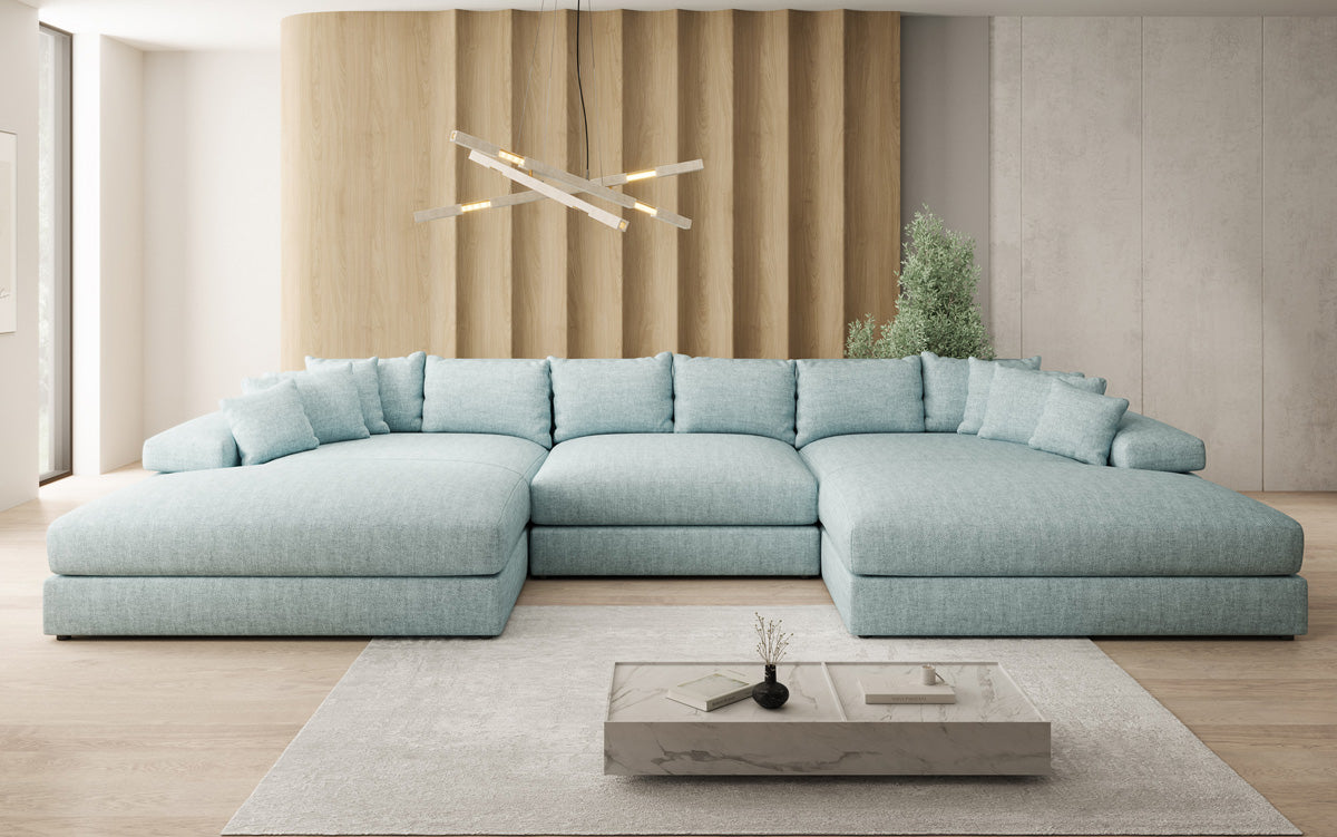 Designerbank Bernardo U met brede ottomaan in linnenlook