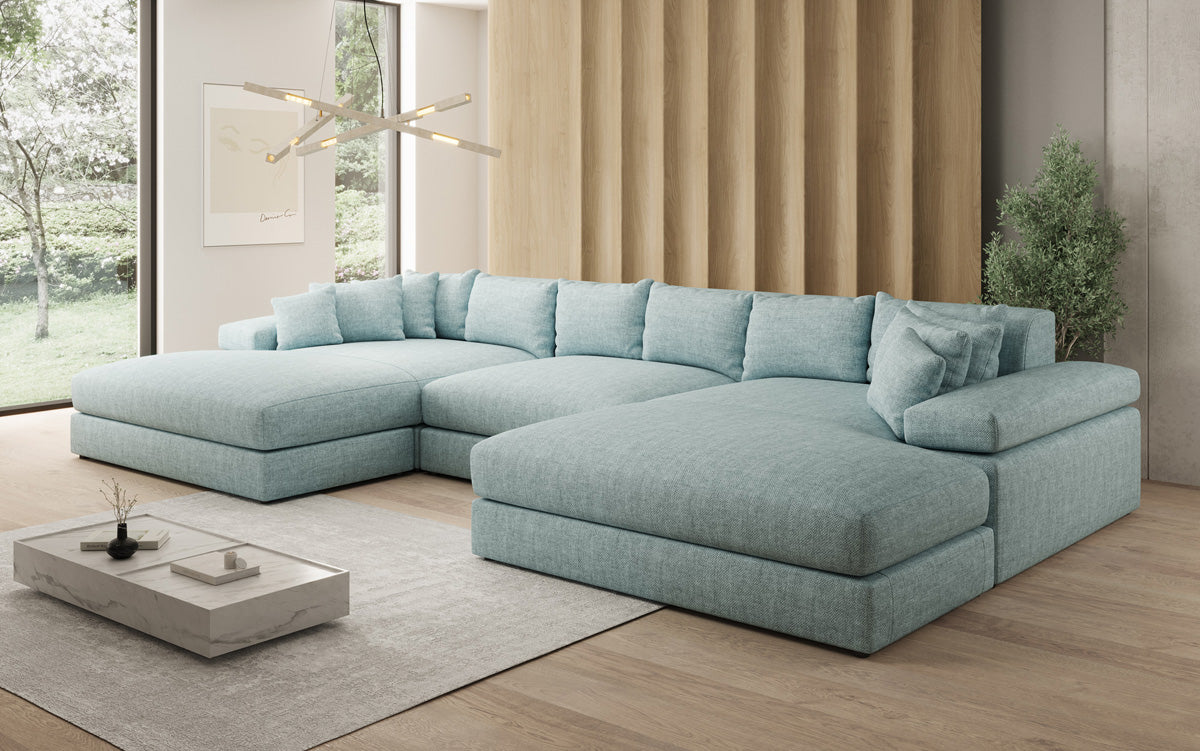 Designerbank Bernardo U met brede ottomaan in linnenlook