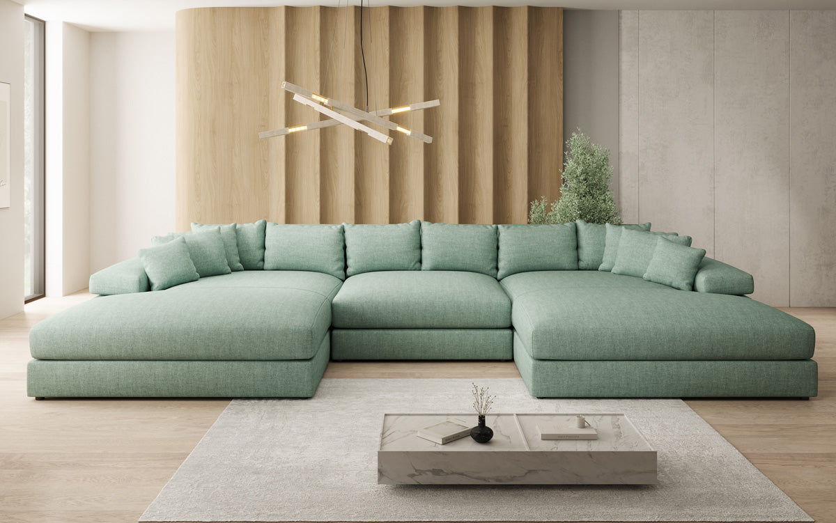 Designerbank Bernardo U met brede ottomaan in linnenlook