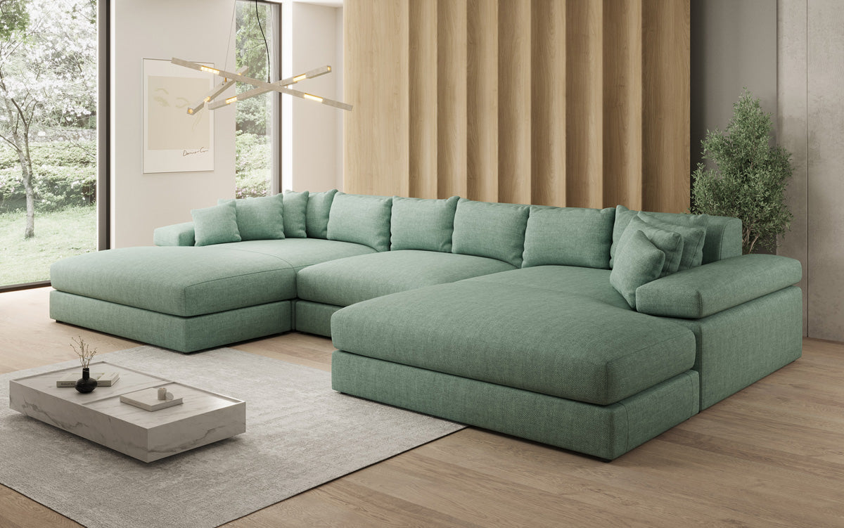 Designerbank Bernardo U met brede ottomaan in linnenlook