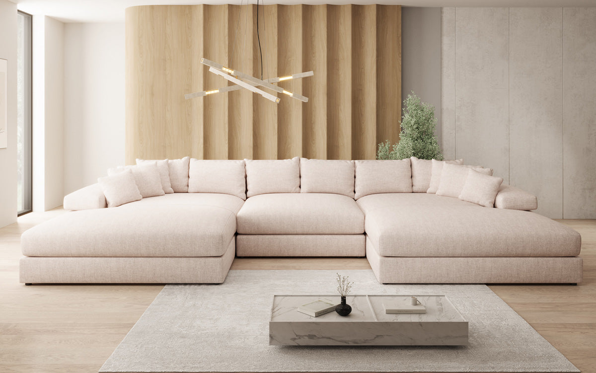 Designerbank Bernardo U met brede ottomaan in linnenlook