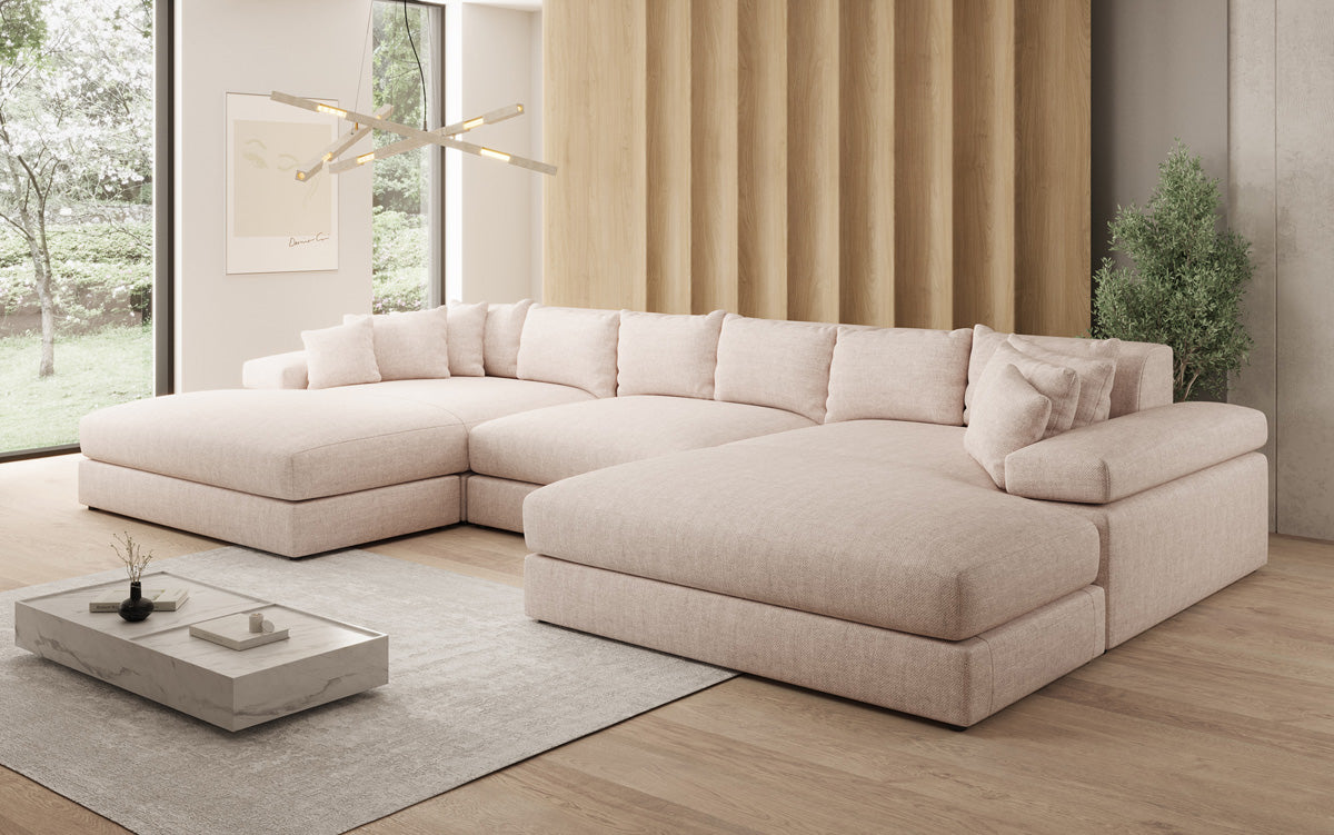 Designerbank Bernardo U met brede ottomaan in linnenlook