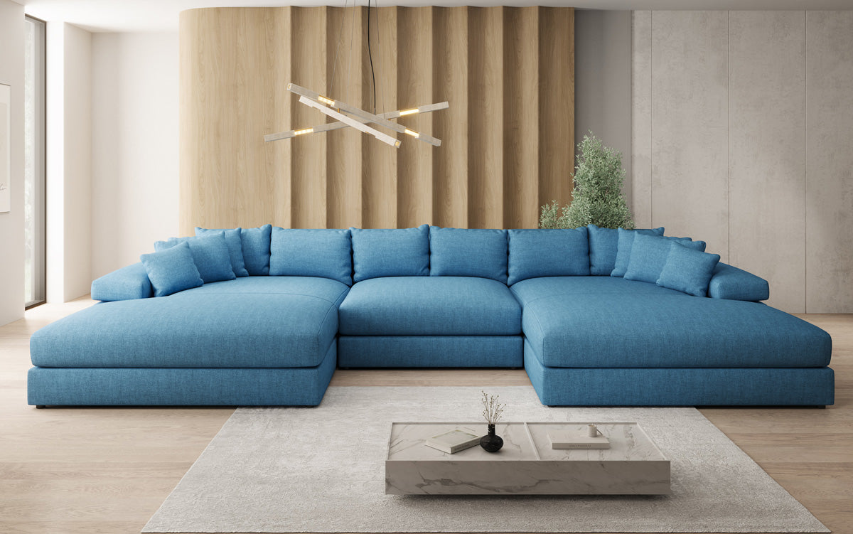 Designerbank Bernardo U met brede ottomaan in linnenlook
