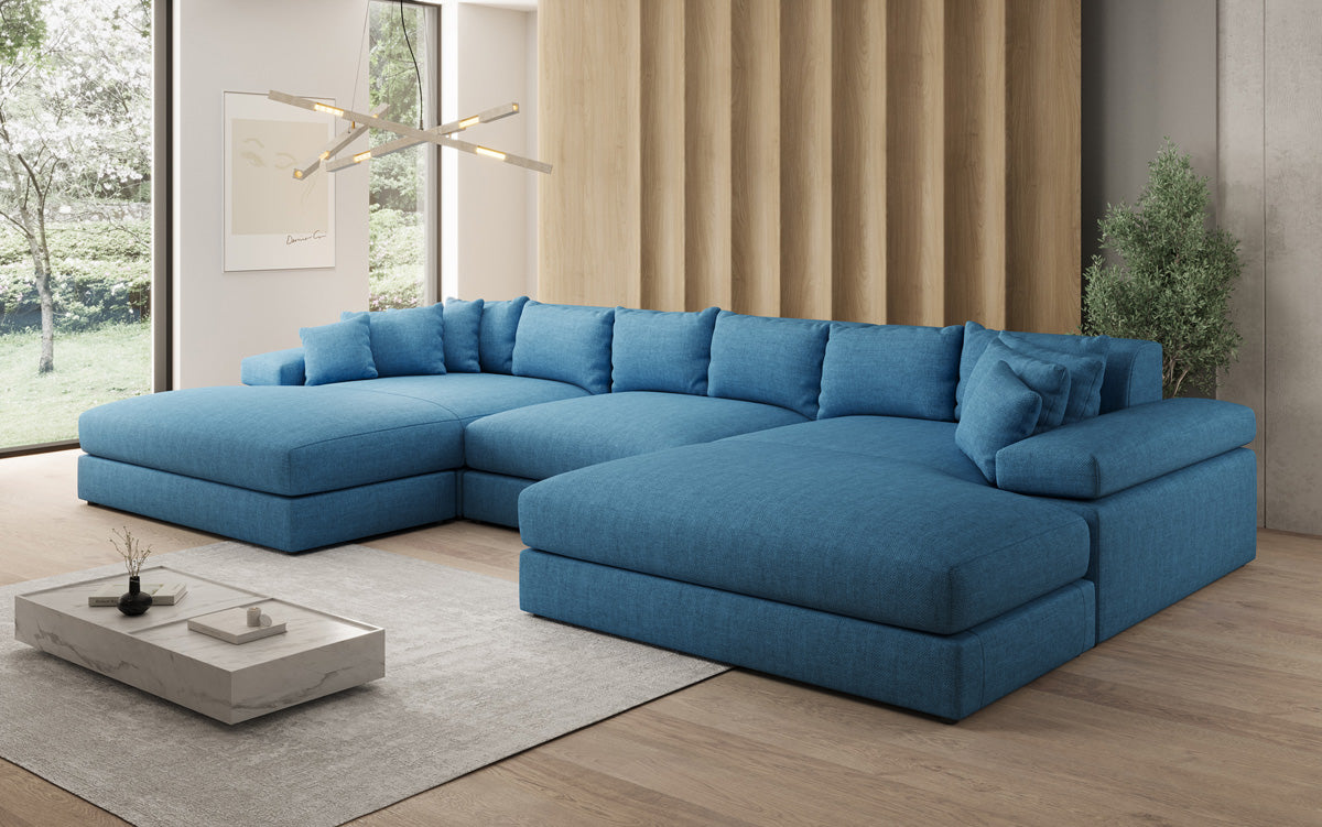 Designerbank Bernardo U met brede ottomaan in linnenlook