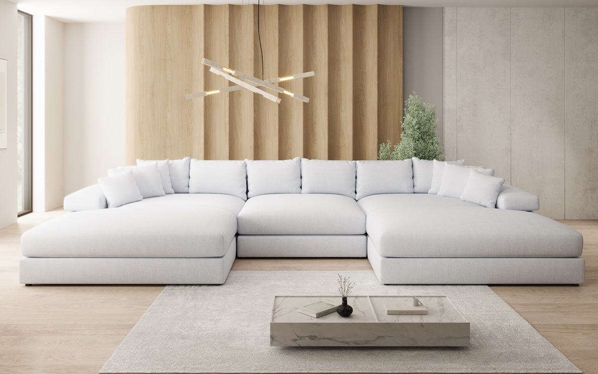 Designerbank Bernardo U met brede ottomaan in linnenlook