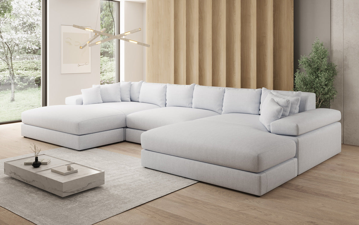 Designerbank Bernardo U met brede ottomaan in linnenlook