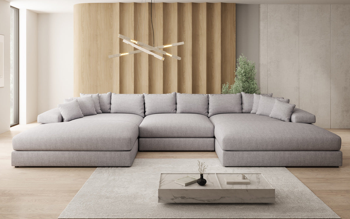 Designerbank Bernardo U met brede ottomaan in linnenlook
