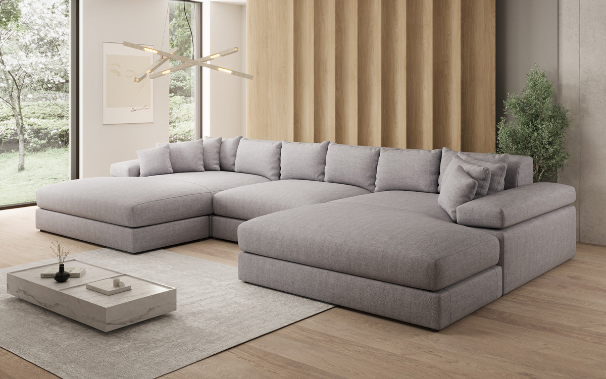Designerbank Bernardo U met brede ottomaan in linnenlook