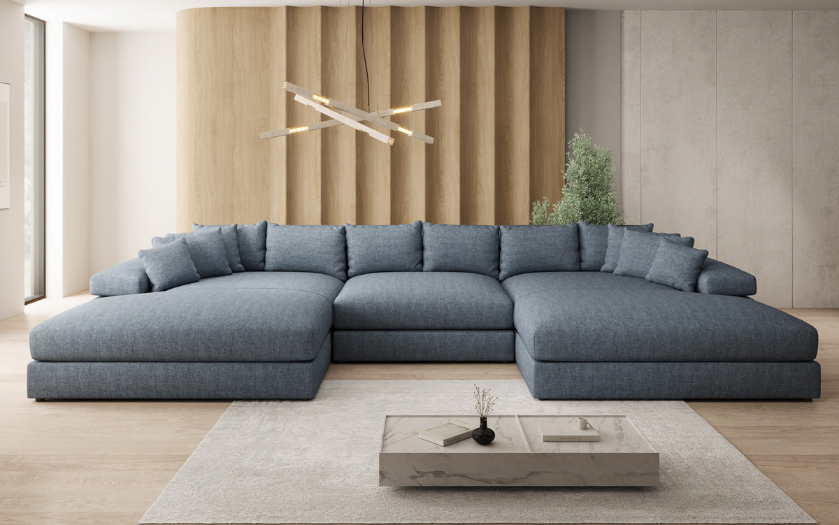 Designerbank Bernardo U met brede ottomaan in linnenlook