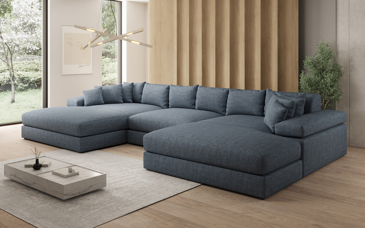 Designerbank Bernardo U met brede ottomaan in linnenlook