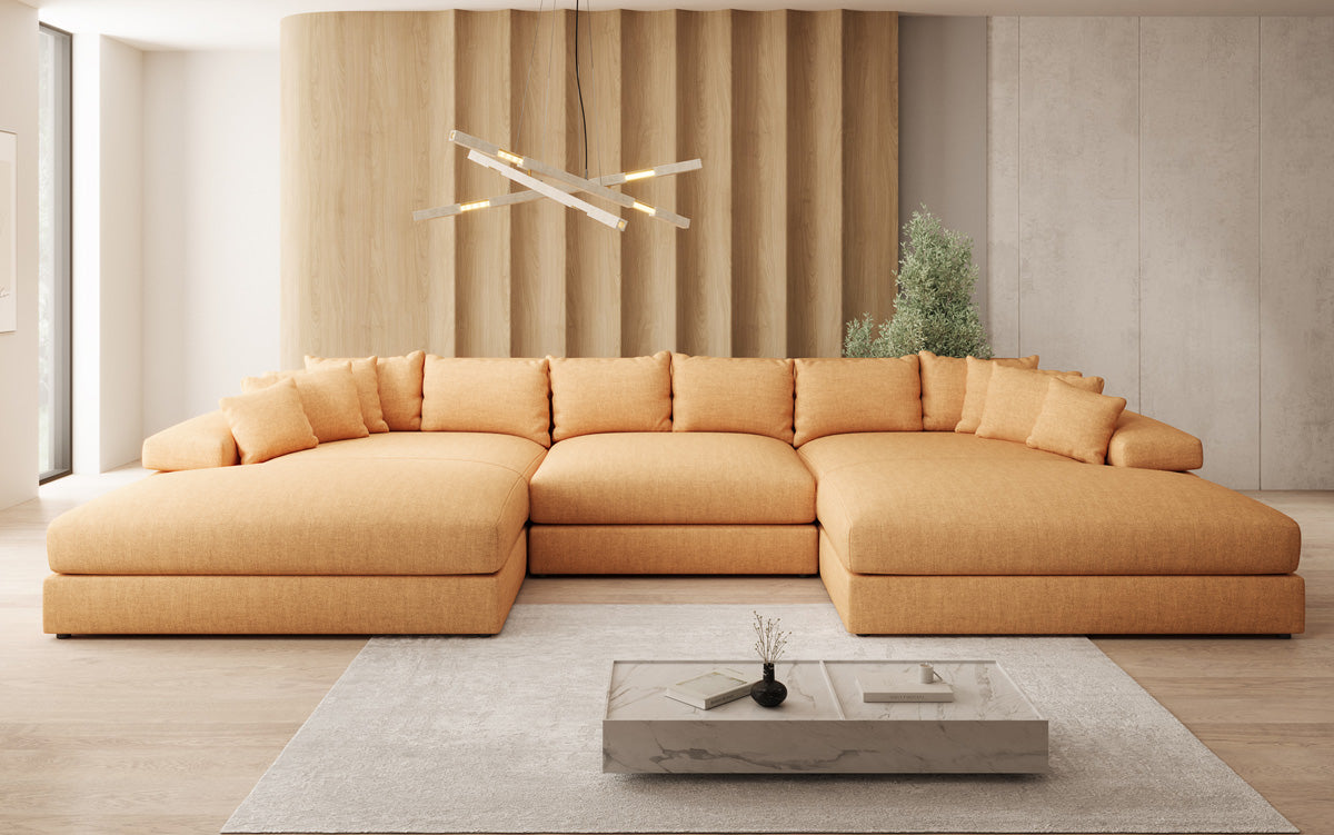 Designerbank Bernardo U met brede ottomaan in linnenlook