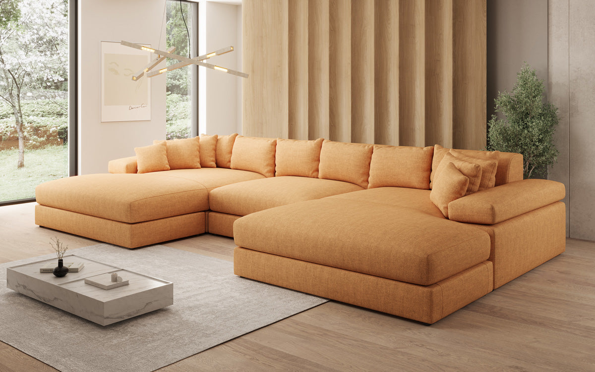 Designerbank Bernardo U met brede ottomaan in linnenlook