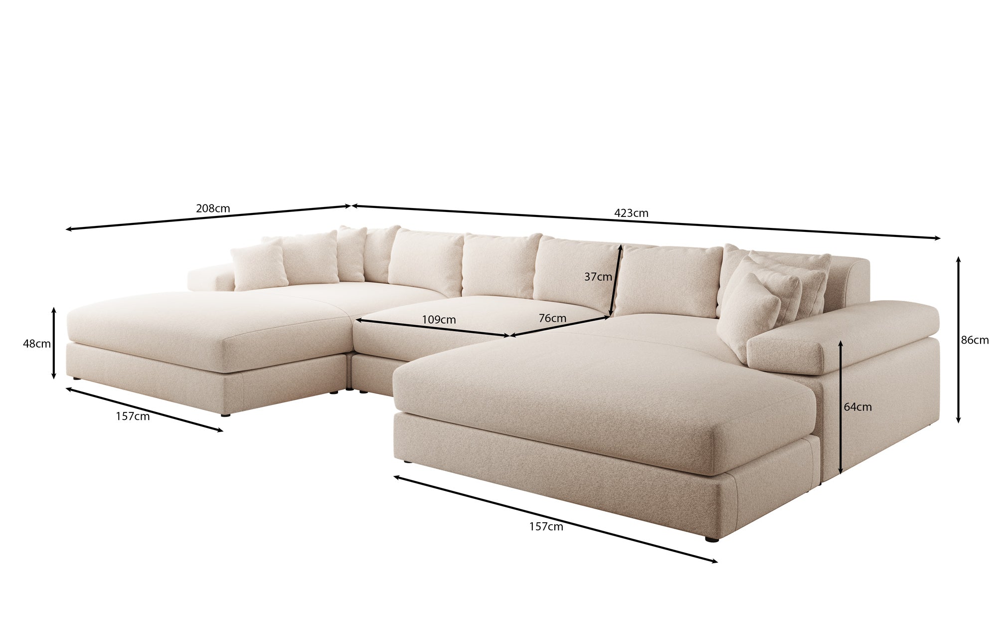 Designsofa Bernardo U met brede ottomane in structuurstof