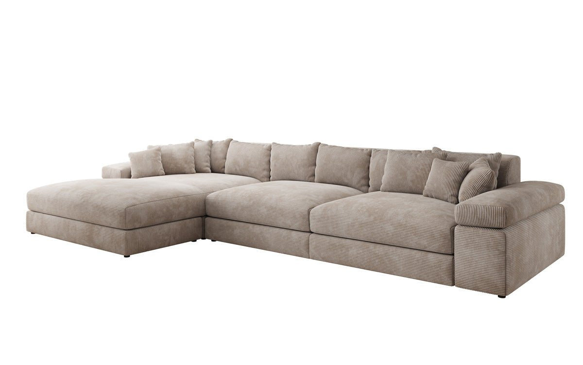 Designersofa Bernardo L Maxi met brede ottomane in ribstof