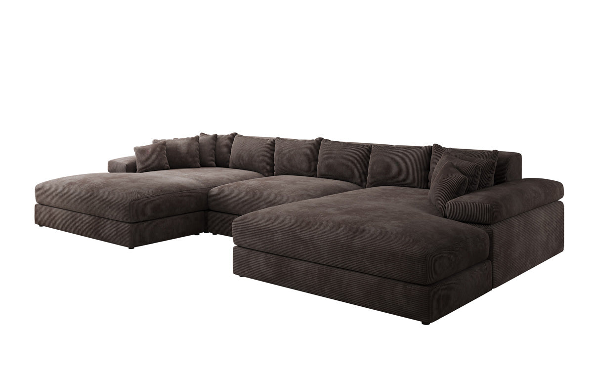 Designersofa Bernardo U met brede ottomane in ribstof