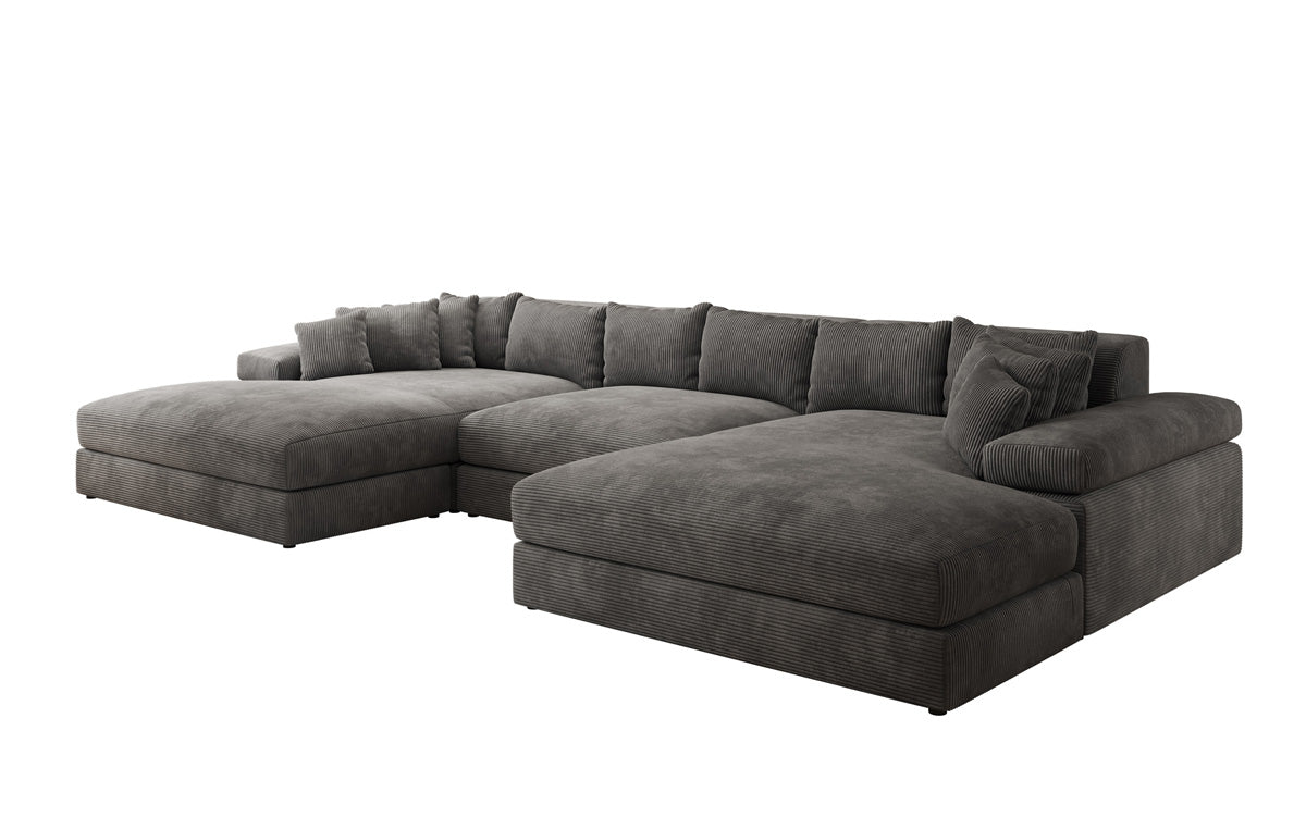 Designersofa Bernardo U met brede ottomane in ribstof