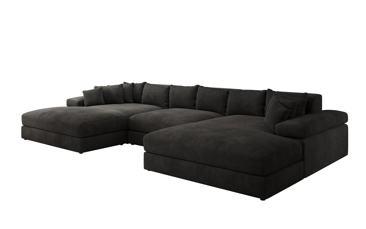 Designersofa Bernardo U met brede ottomane in ribstof