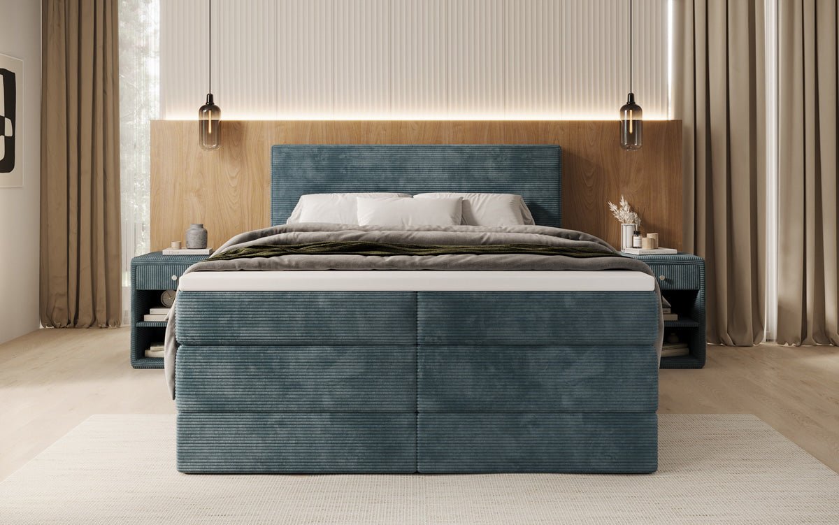 Boxspringbed Noren met opbergruimte in Ribstof