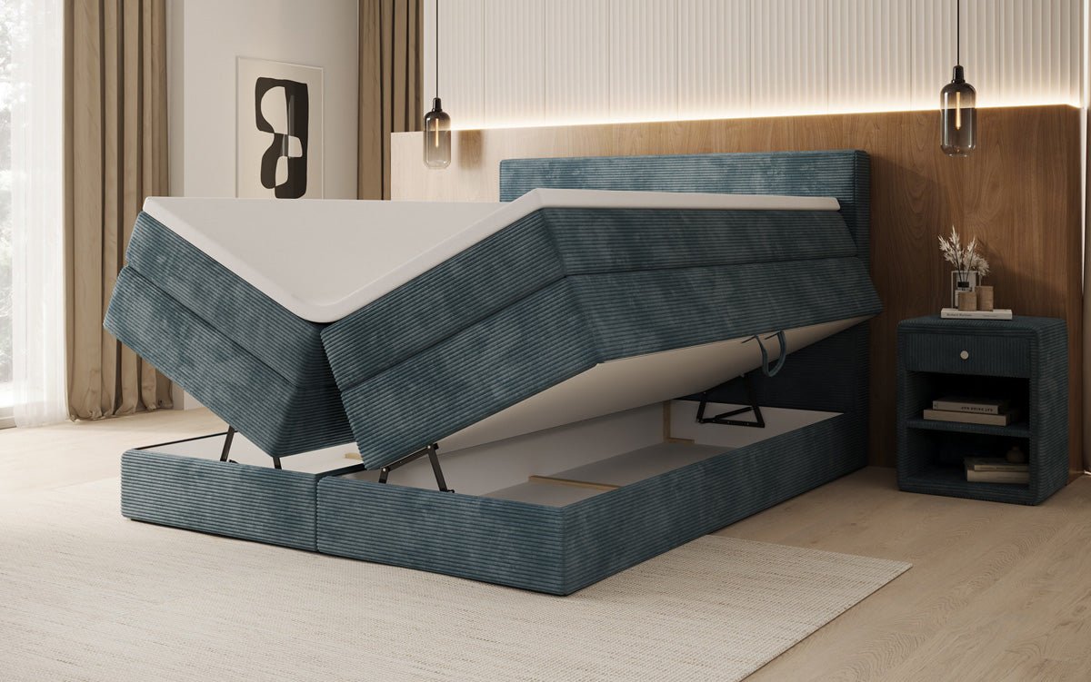 Boxspringbed Noren met opbergruimte in Ribstof