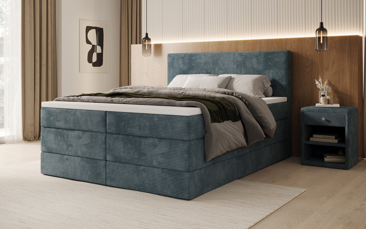 Boxspringbed Noren met opbergruimte in Ribstof