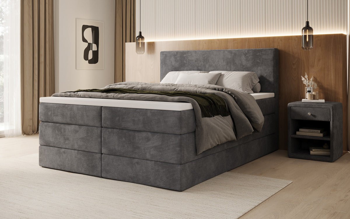 Boxspringbed Noren met opbergruimte in Ribstof