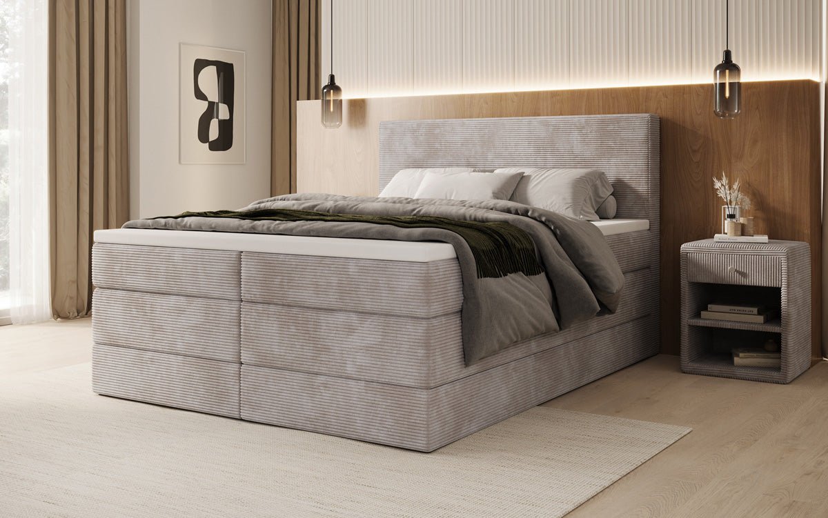 Boxspringbed Noren met opbergruimte in Ribstof