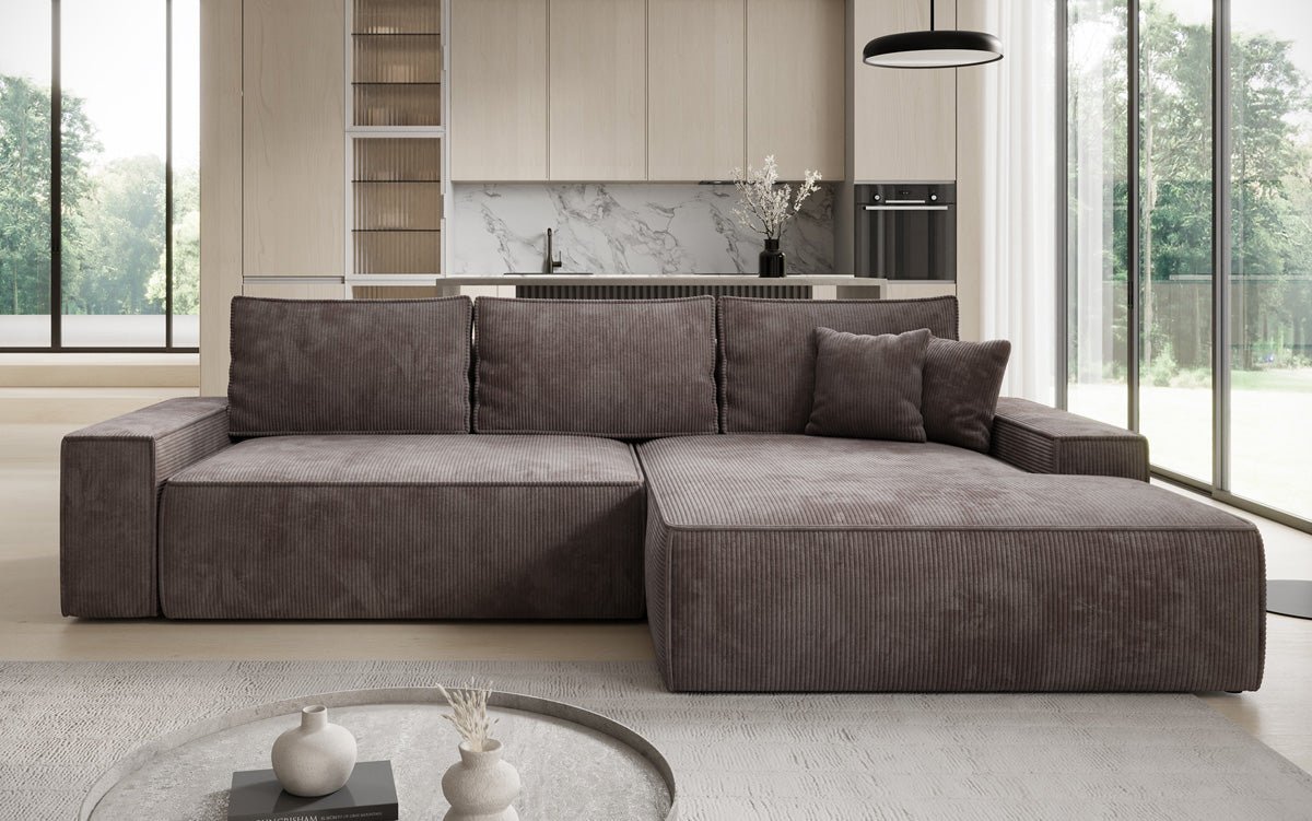 Designbank Verona met brede ottomane met slaap- en uitklapfunctie in Ribstof