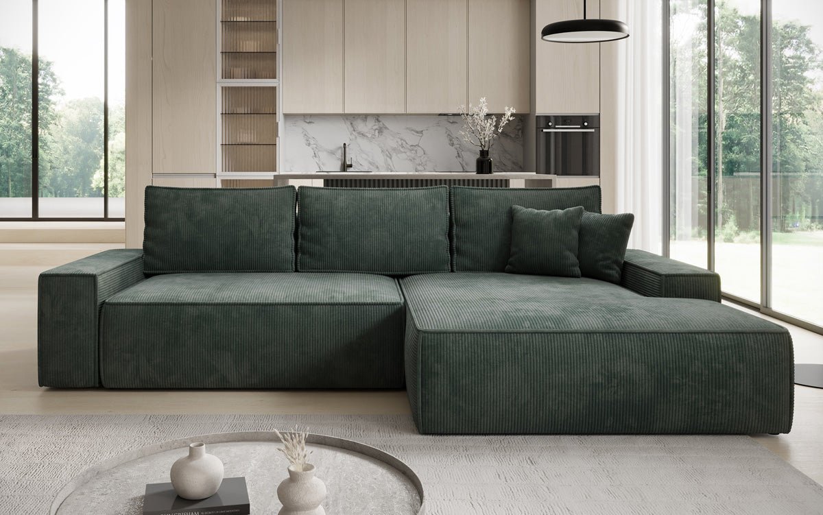 Designbank Verona met brede ottomane met slaap- en uitklapfunctie in Ribstof
