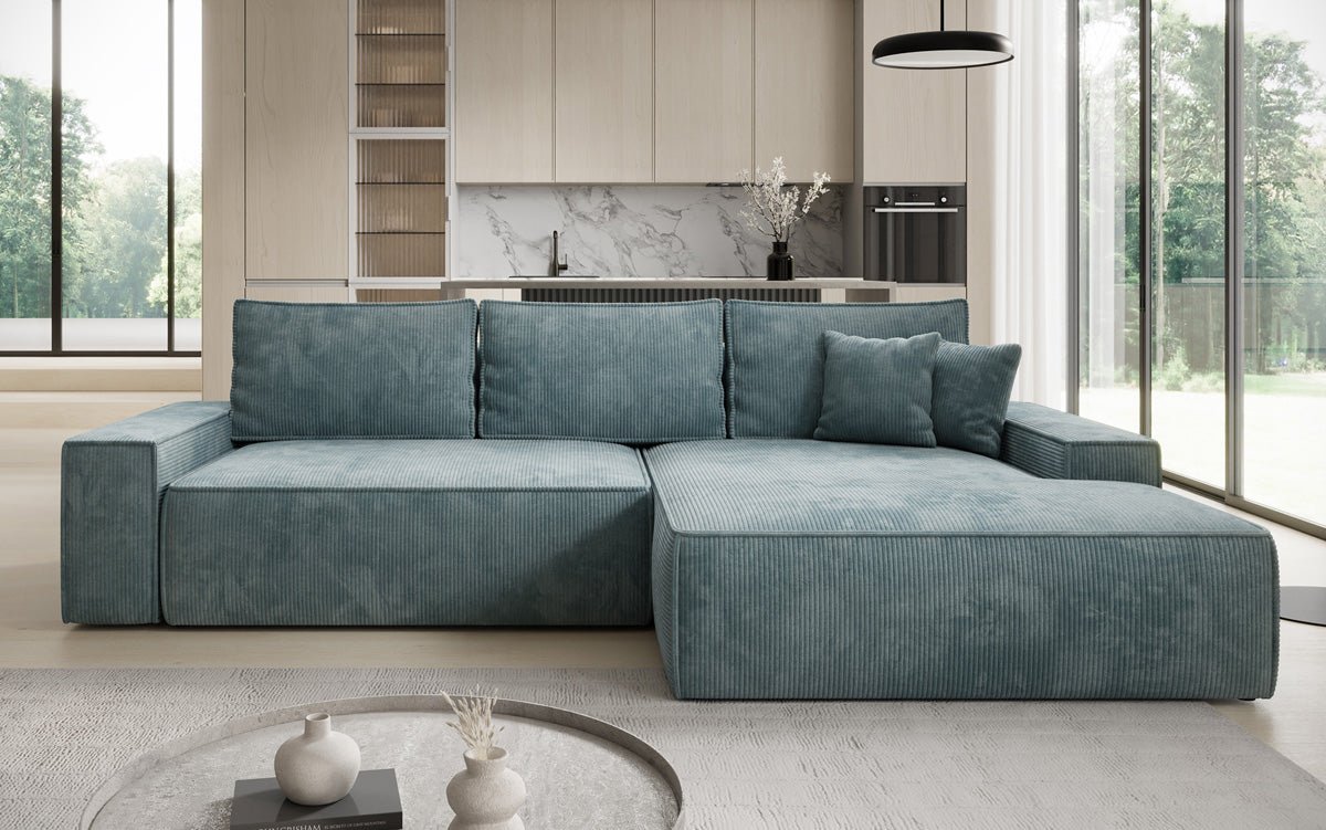 Designbank Verona met brede ottomane met slaap- en uitklapfunctie in Ribstof