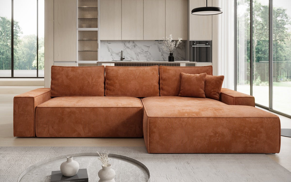 Designbank Verona met brede ottomane met slaap- en uitklapfunctie in Ribstof