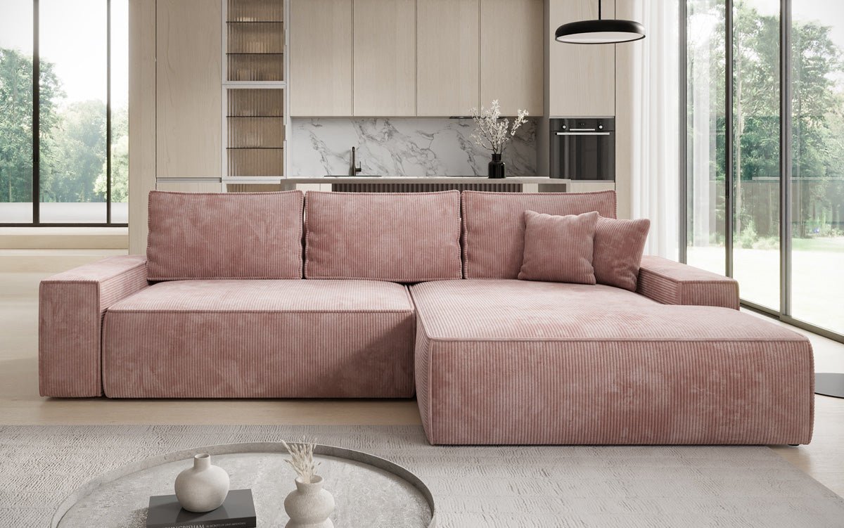 Designbank Verona met brede ottomane met slaap- en uitklapfunctie in Ribstof