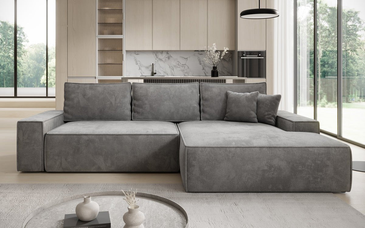 Designbank Verona met brede ottomane met slaap- en uitklapfunctie in Ribstof