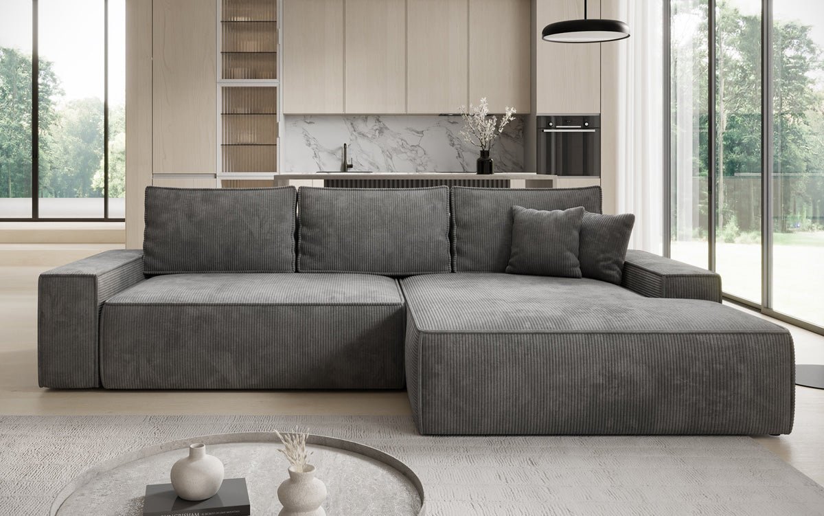 Designbank Verona met brede ottomane met slaap- en uitklapfunctie in Ribstof