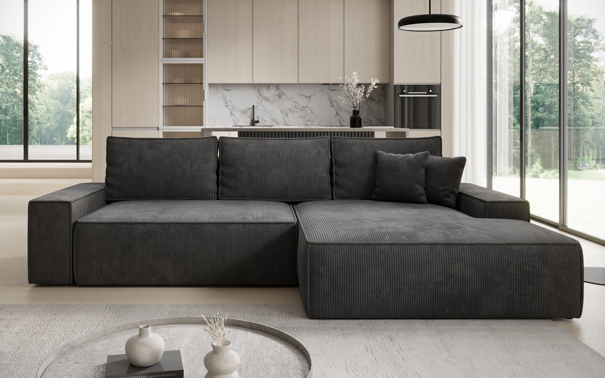 Designbank Verona met brede ottomane met slaap- en uitklapfunctie in Ribstof