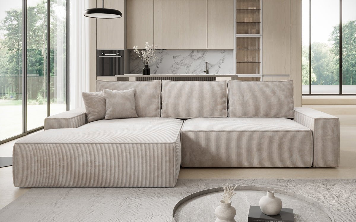 Designbank Verona met brede ottomane met slaap- en uitklapfunctie in Ribstof