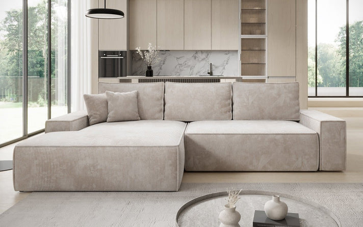 Designer hoekbank Verona met brede ottomane met slaap- en uitklapfunctie in Ribstof