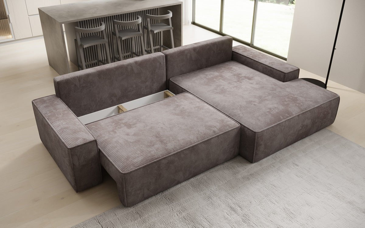 Designbank Verona met brede ottomane met slaap- en uitklapfunctie in Ribstof