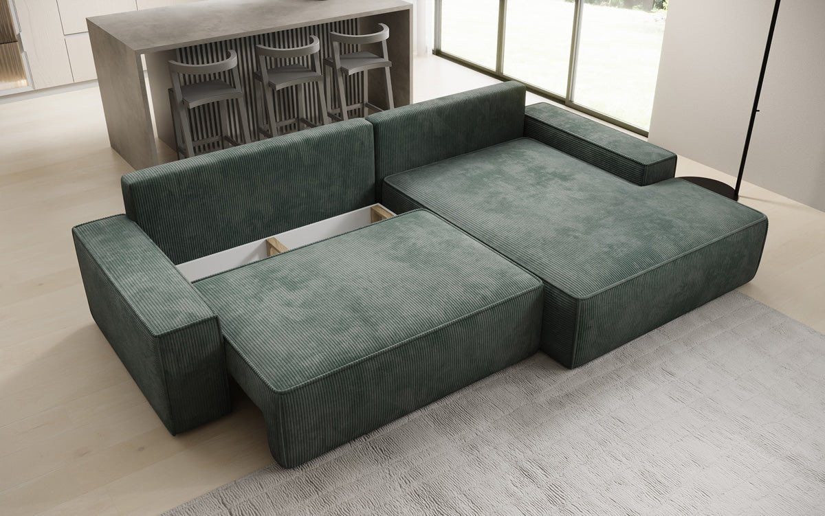 Designbank Verona met brede ottomane met slaap- en uitklapfunctie in Ribstof