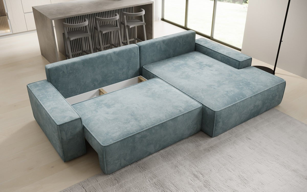 Designbank Verona met brede ottomane met slaap- en uitklapfunctie in Ribstof