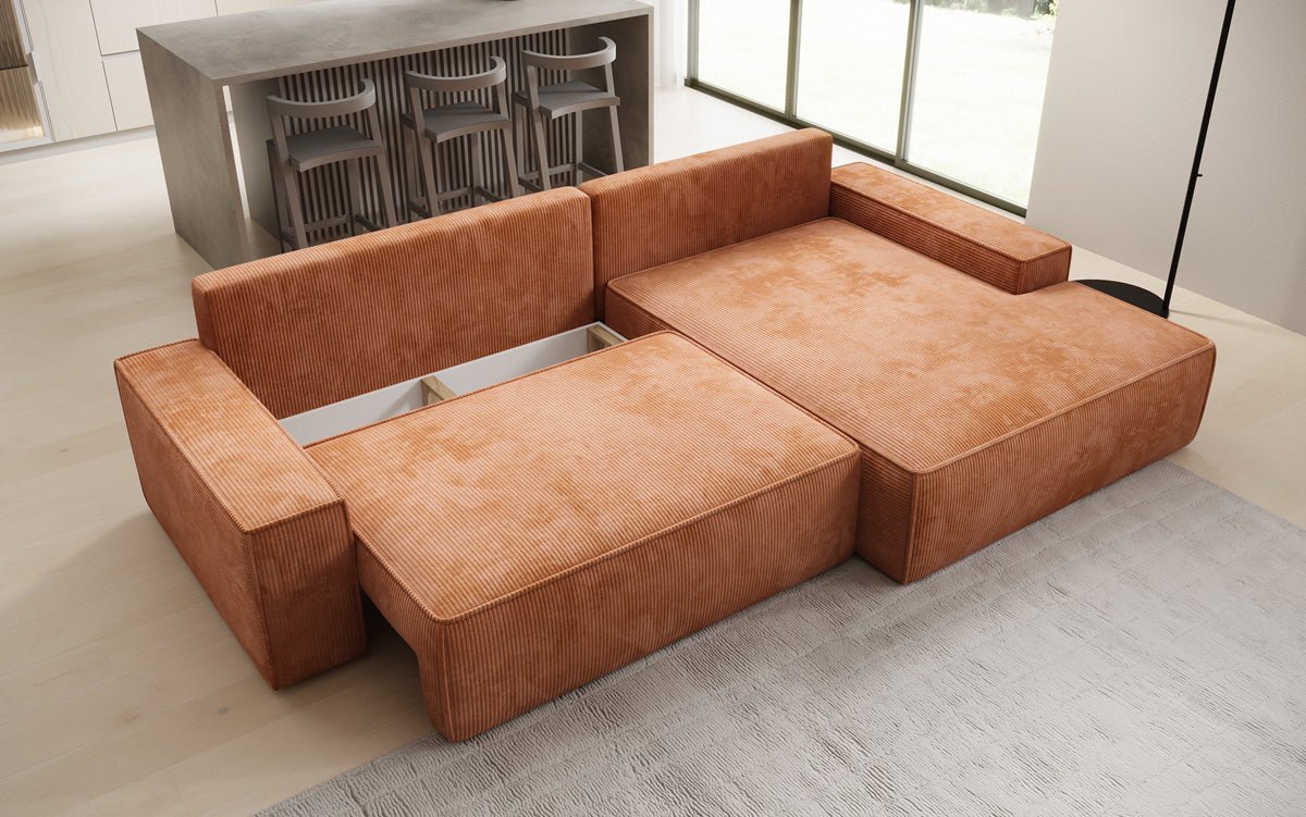 Designbank Verona met brede ottomane met slaap- en uitklapfunctie in Ribstof