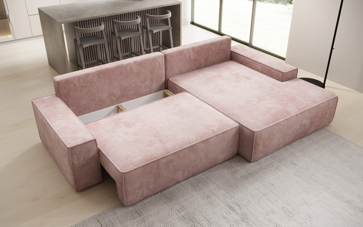 Designbank Verona met brede ottomane met slaap- en uitklapfunctie in Ribstof