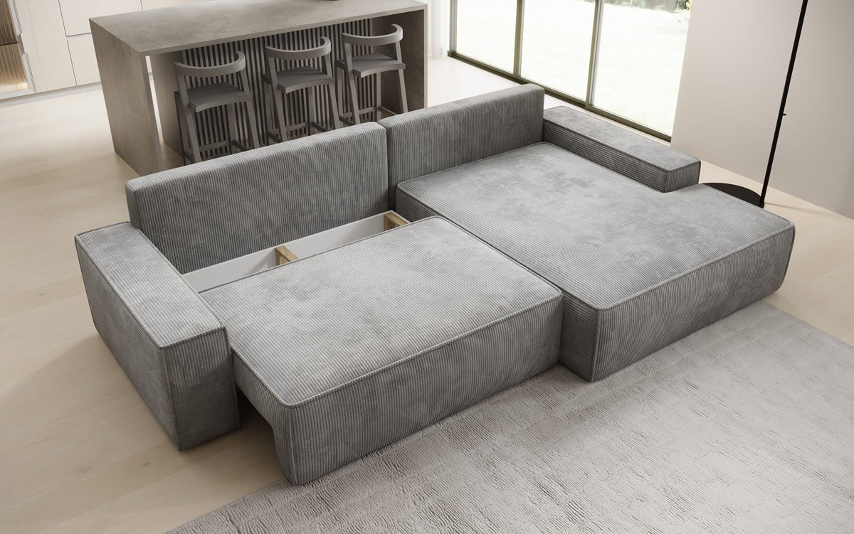 Designbank Verona met brede ottomane met slaap- en uitklapfunctie in Ribstof