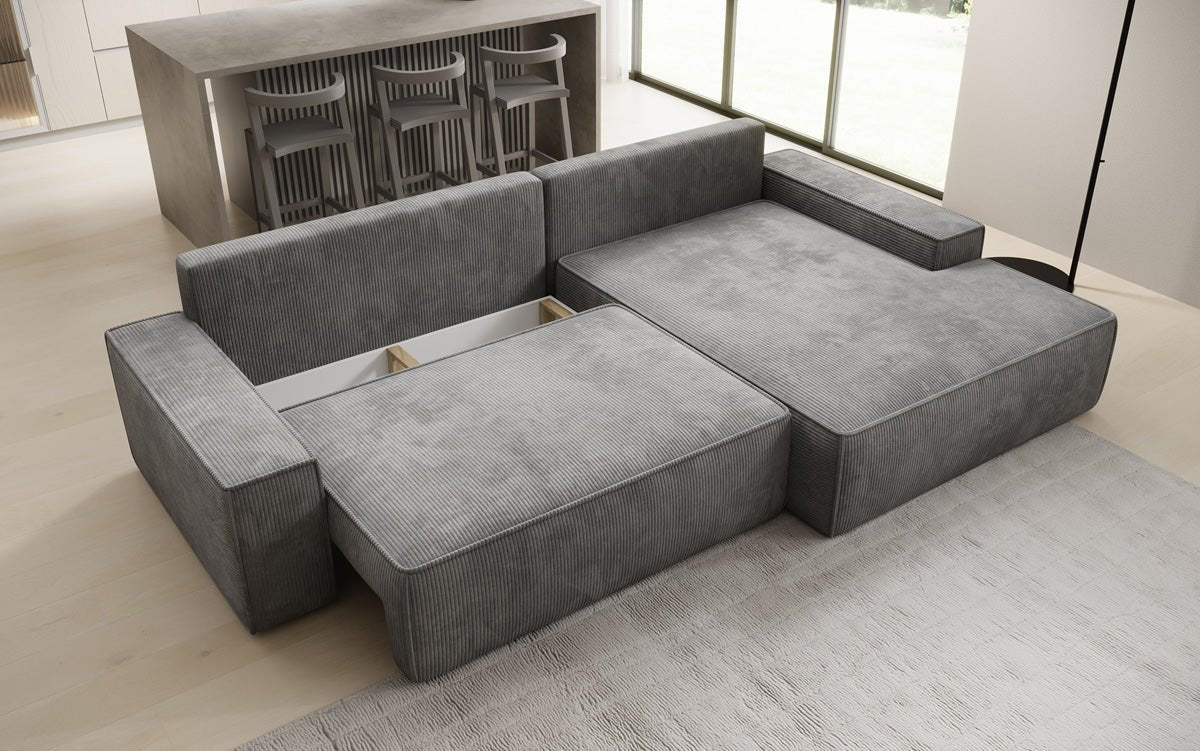 Designbank Verona met brede ottomane met slaap- en uitklapfunctie in Ribstof